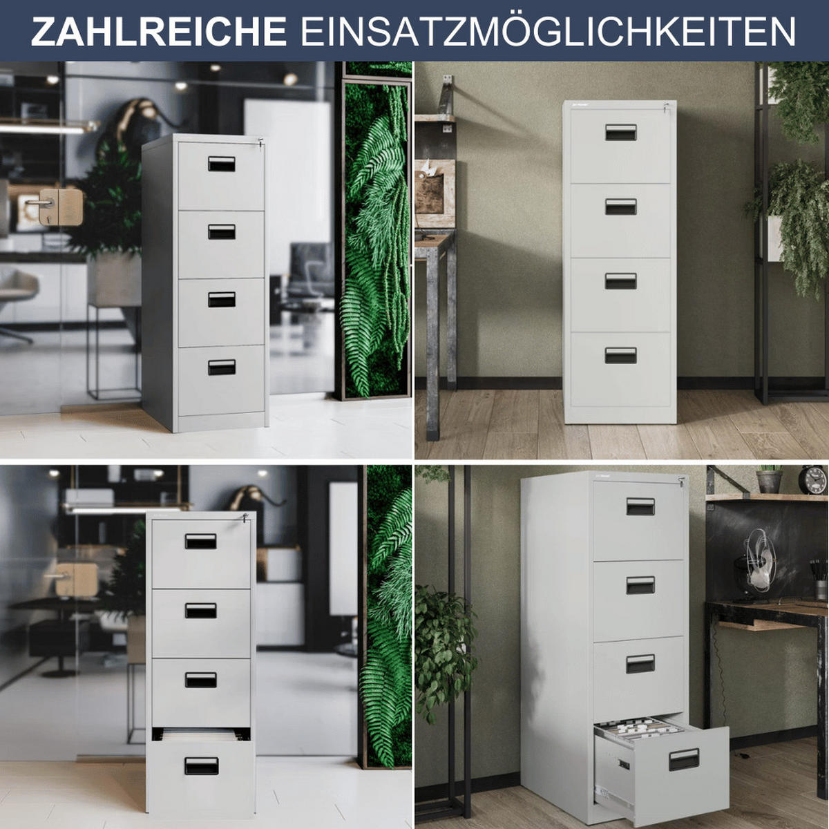 HÄNGEREGISTERSCHRANK abschließbar SARA 4 Schubladen 132x46x62cm Grau - Grau, Metall (46/132/62cm) - Jan Nowak