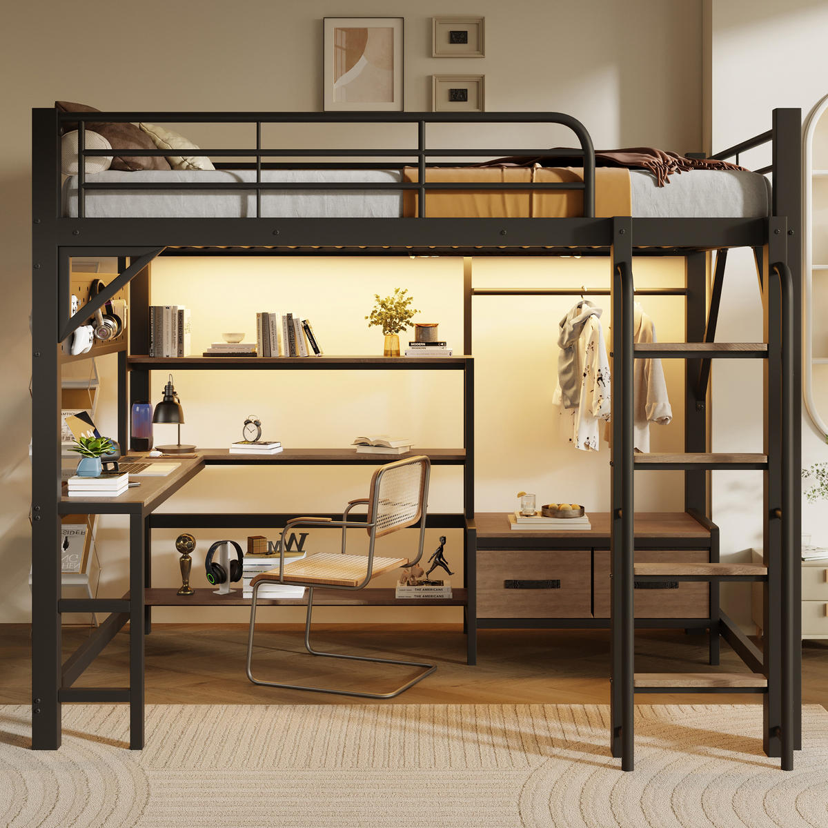HOCHBETT 140x200cm, Eisen, Lochwand, Regale, Schubladen, Schreibtisch, USB, LED, Geländer, ohne Matratze, Schwarz - Schwarz, Holzwerkstoff (140/200cm)