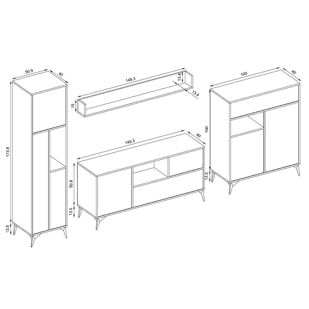 WOHNWAND ORVIETO Set RTV, Set aus 4 Wohnzimmermöbeln, Eiche, Anthrazit, Weiß LED Beleuchtung - Eichefarben/Anthrazit, Holzwerkstoff (350/178/40cm) - Komodee