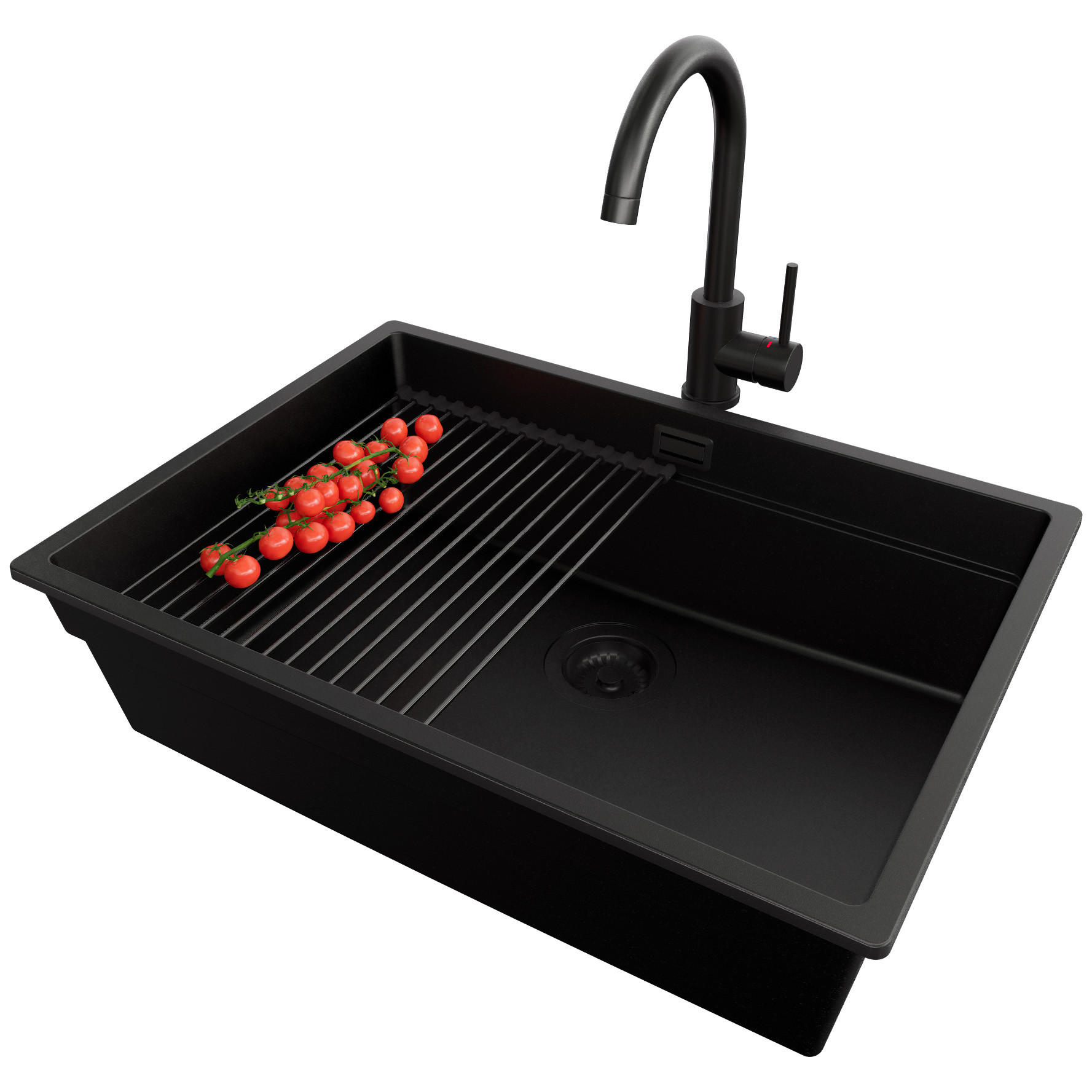 UNTERBAUSPÜLE GRANIT Praga, 2-er set Schwarz 66/47 cm 1 Becken + Küchenarmatur 32/20 cm + Ablauf-Set + Aufrollbare Abtropffläche ab 70er Unterschrank - Schwarz, Kunststoff (66/20/47cm) - Primagran