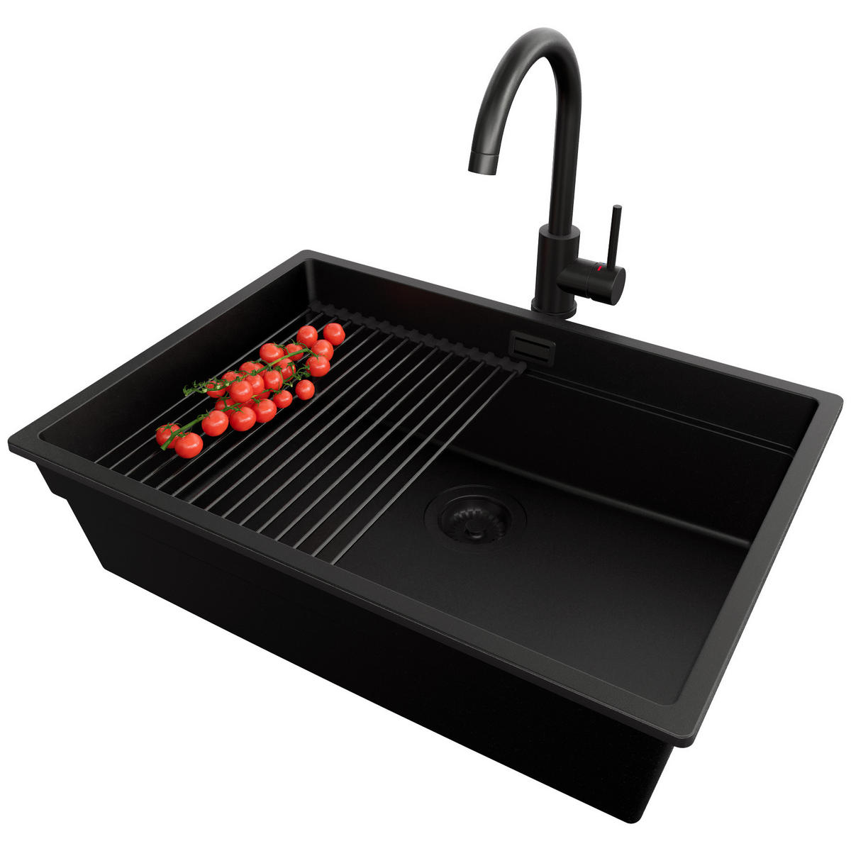 UNTERBAUSPÜLE GRANIT Praga, 2-er set Schwarz 66/47 cm 1 Becken + Küchenarmatur 32/20 cm + Ablauf-Set + Aufrollbare Abtropffläche ab 70er Unterschrank - Schwarz, Kunststoff (66/20/47cm) - Primagran