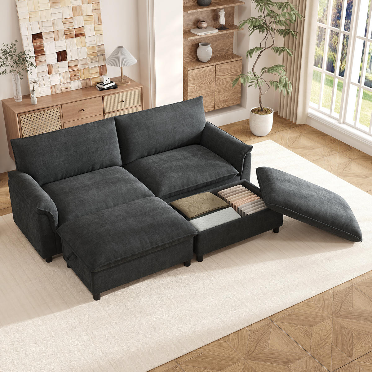 SOFA Schwarz U-Form Cloud Modular Deep Seat 216cm Hocker - Schwarz, Textil (77/82/216cm) - FLIEKS