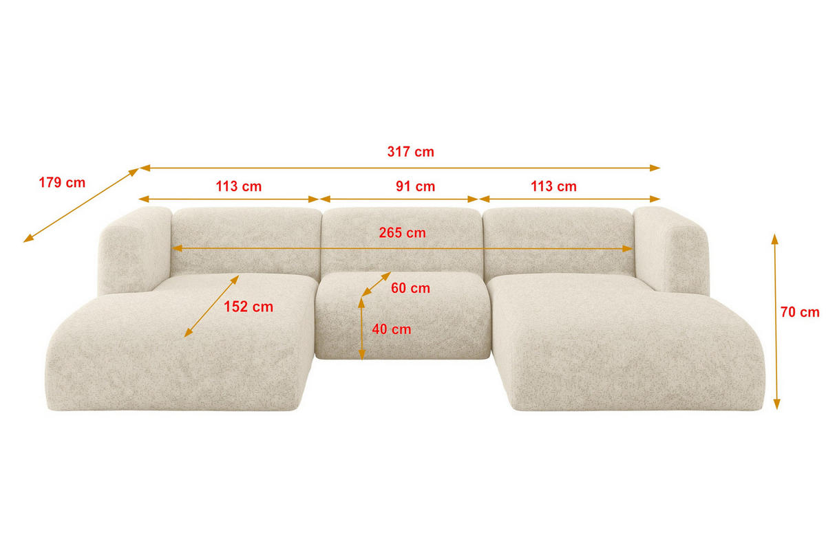 WOHNLANDSCHAFT MIRA-U1 317x179x70 Creme Velours - Creme/Schwarz, Holzwerkstoff/Kunststoff (317/70/179cm) - ALTDECOR