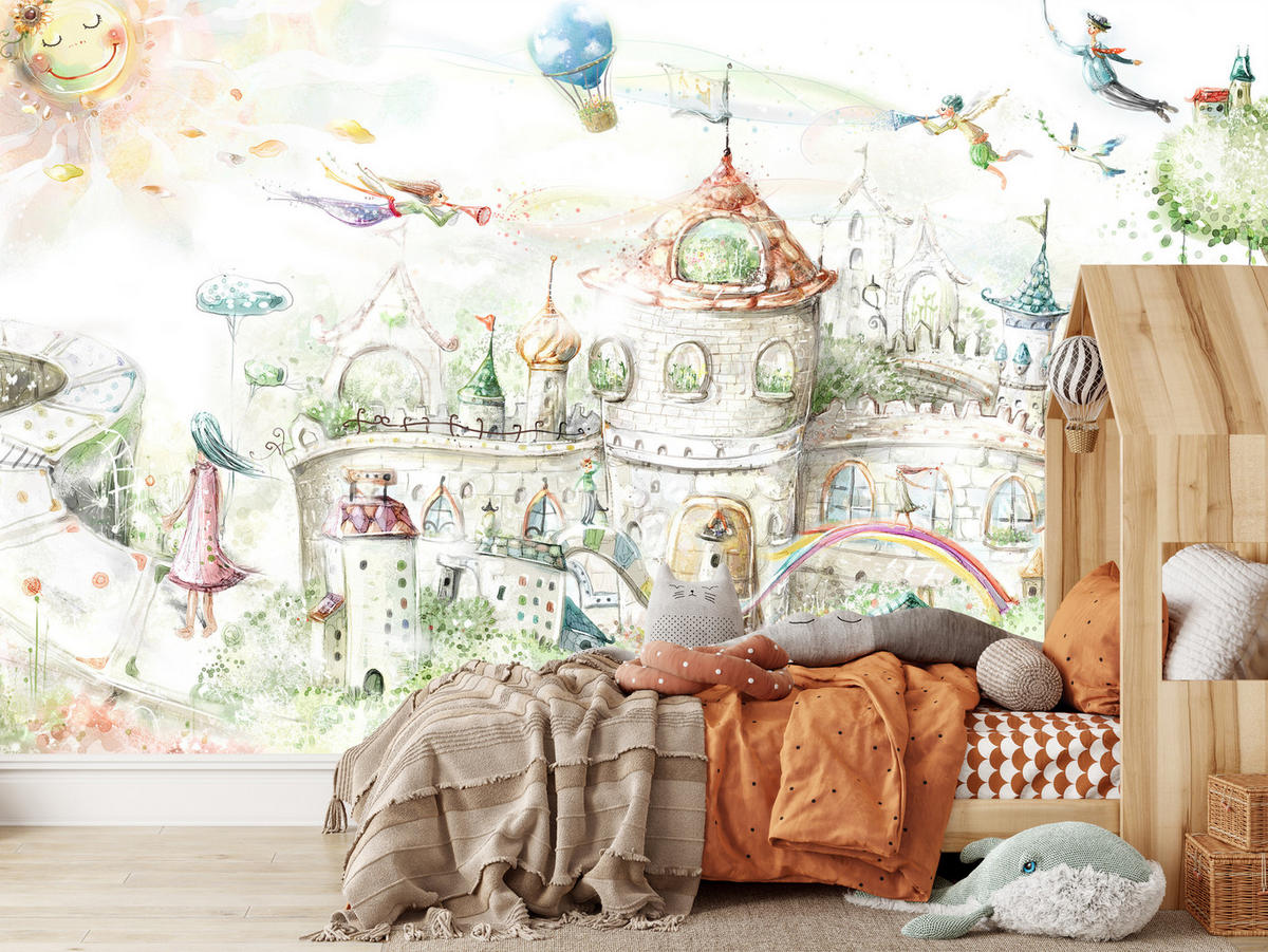 FOTOTAPETE für Kinderzimmer Märchenstadt Schloss Magisch 350x256 - Blau/Gelb, Papier (350/256cm) - Muralo