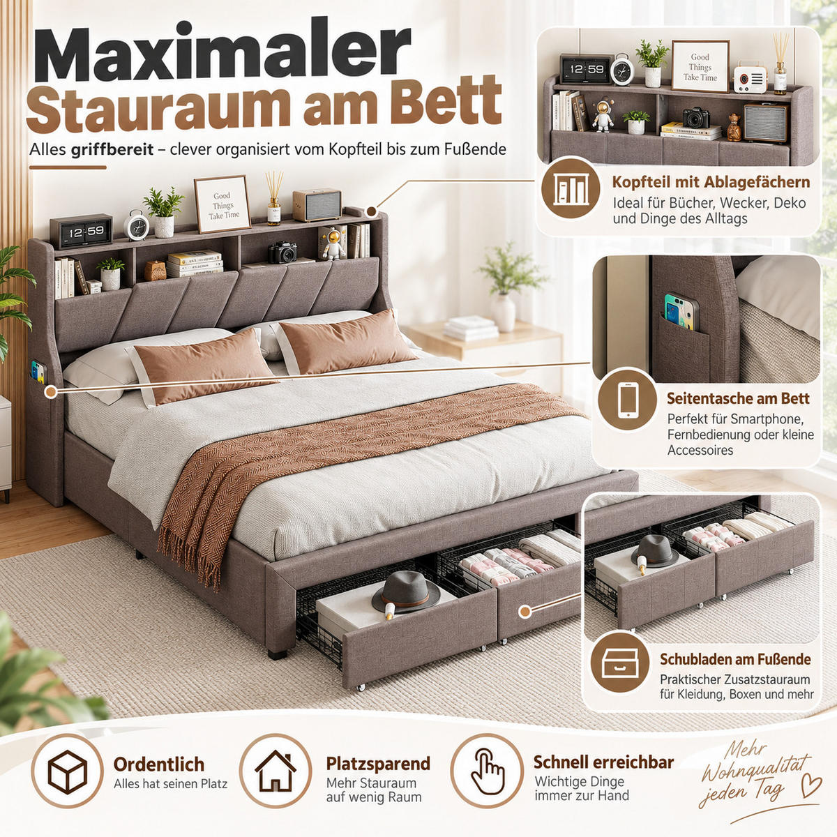 POLSTERBETT 160/200 cm mit zwei rollengeführten Schubladen am Fußende, großem Ablagekopfteil mit blauem LED-Licht & USB-Anschluss, Leinenoptik-Bezug - Grau, Holz/Metall (160/200cm) - Joyfair