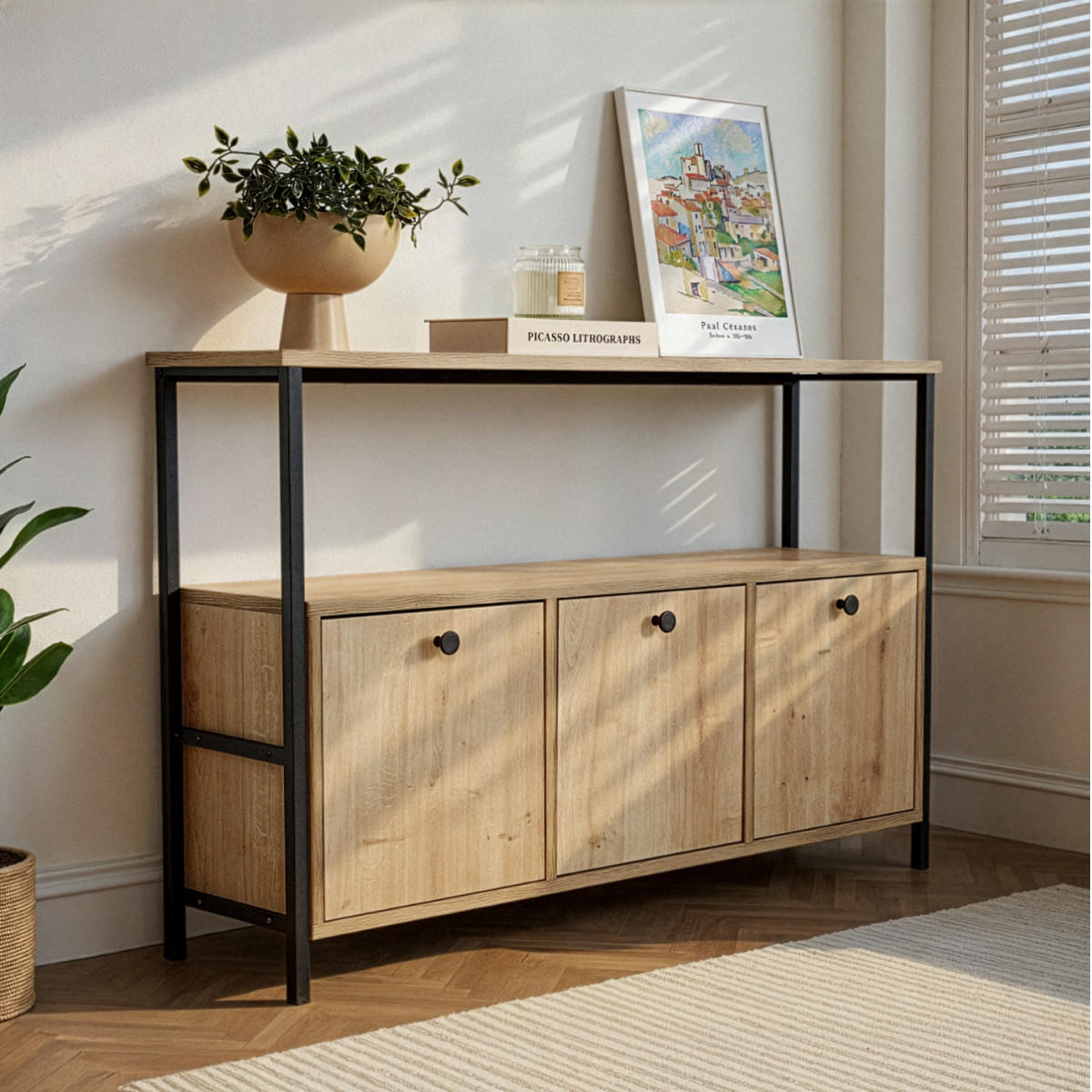 SIDEBOARD mit 3 Türen und 1 oberer Ablagefläche 120/29,5/77 cm - Schwarz, Holzwerkstoff (29.5/77/120cm) - Calicosy