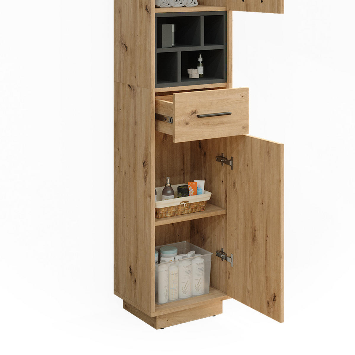 BADSCHRANK Beatrice Artisan Eiche/Anthrazit 38 x 190 cm mit Türen, Schublade - Eiche Artisan, Holzwerkstoff (38/190/30cm) - Vicco