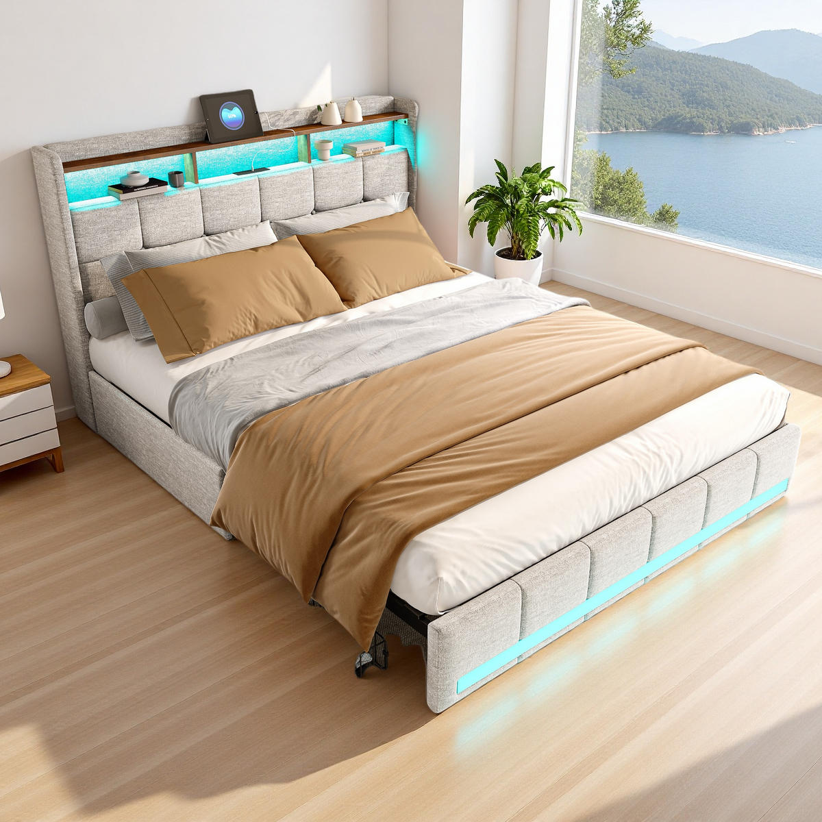 POLSTERBETT 180x200 cm Beige Leinen LED USB Typ-C 4 Schubladen - Beige, Holz (180/200cm) - SHOPENTRA