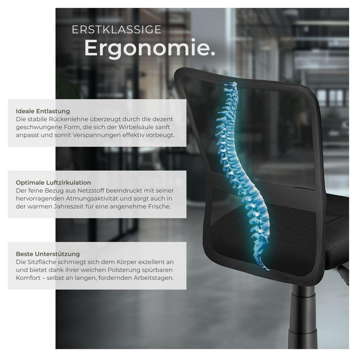 BÜROSTUHL Patrick, stufenlos höhenverstellbar, schwarz - Schwarz, Textil (50/95/43cm) - tectake