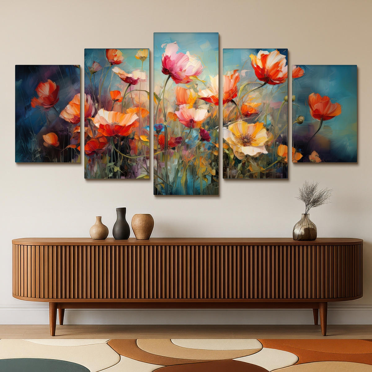 LEINWANDBILD 5er Set Blumen - Bunt - Abstrakt 200x100 cm - Blaugrau, Textil (200/100cm) - MuchoWow