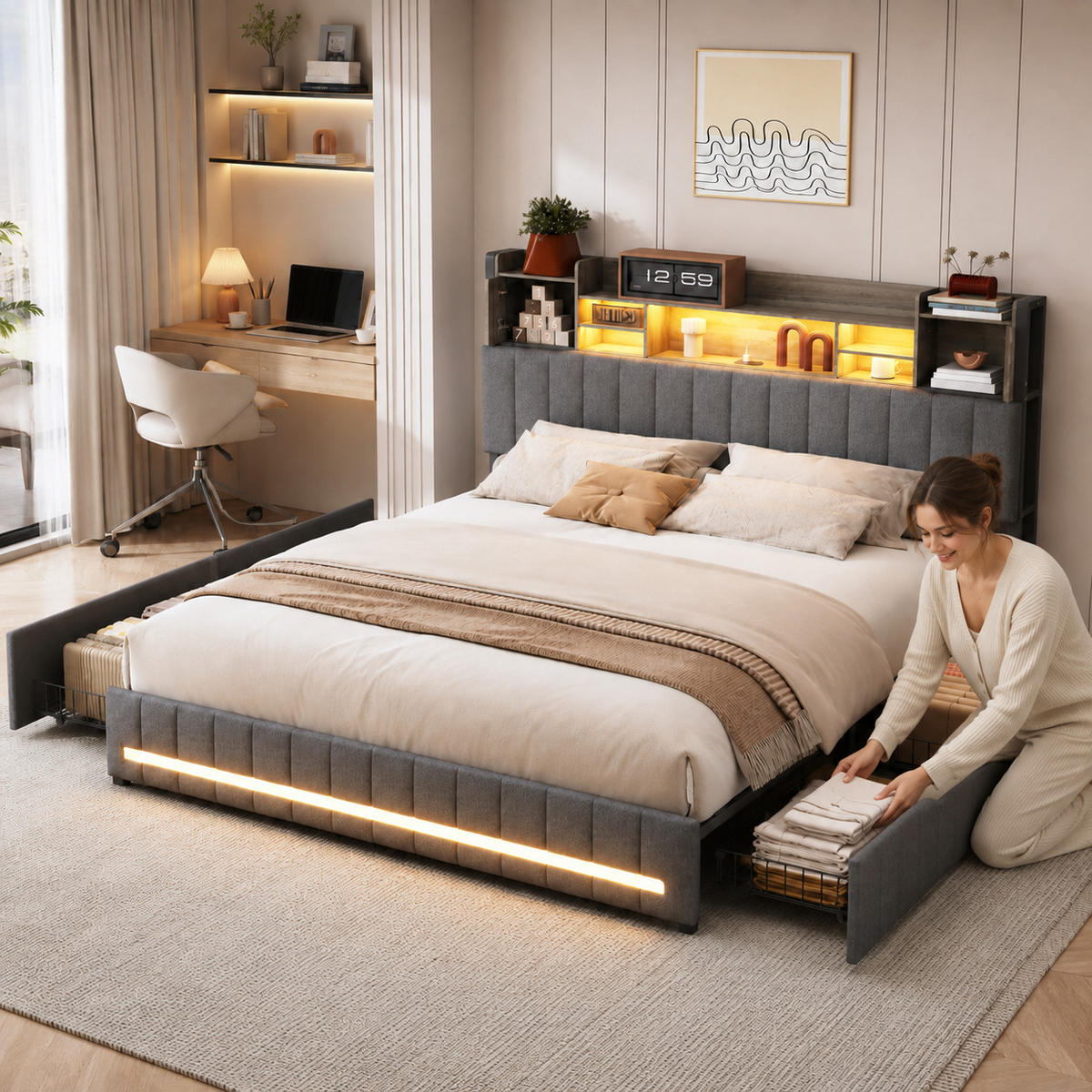 POLSTERBETT 160/200 cm mit Bücherregal-Kopfteil, USB-Anschluss, LED-Beleuchtung & Stauraum-Schubladen, Metallrahmen, Lattenrost inklusive - Anthrazit, Holz/Metall (160/200cm) - Joyfair
