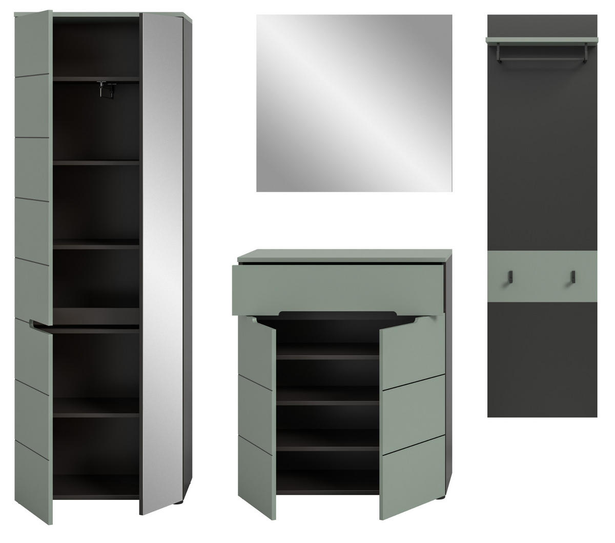 GARDEROBE-SET Salbei und Grau, Garderobe 4-teilig, 220 x 190 cm, Soft-Close, Cooper - Salbeigrün/Dunkelgrau, Holzwerkstoff/Kunststoff (220/190/37cm) - Inn.Furn