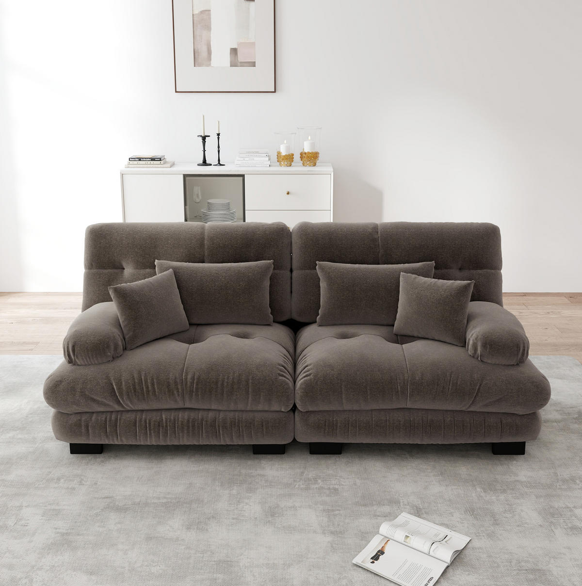 SOFA modular Chenille Brown mit Deko- und Lendenkissen - Dunkelgrau, Kunststoff (77/81/220cm) - Meubliv