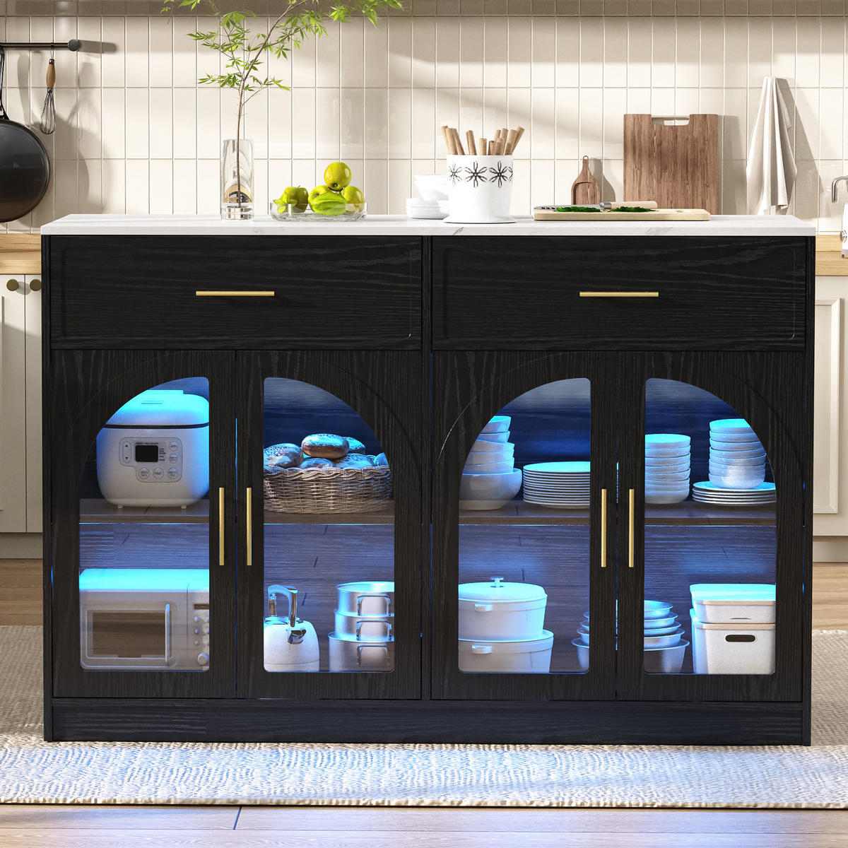 KÜCHENINSEL DE-41097 135/55/91 cm mit LED-Beleuchtung Schwarz - Schwarz, Holzwerkstoff (135/91/55cm) - ComfortXL
