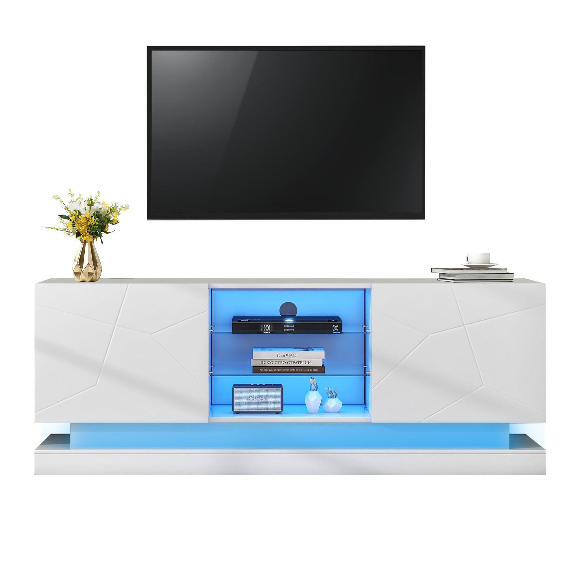 TV-SCHRANK aus Spanplatte 160x38,5x60 cm Weiß mit verstellbarer Glasablage, USB-Lichtleiste und leisem Scharnier - Weiß, Holzwerkstoff (160/60/38.5cm) - Modfu