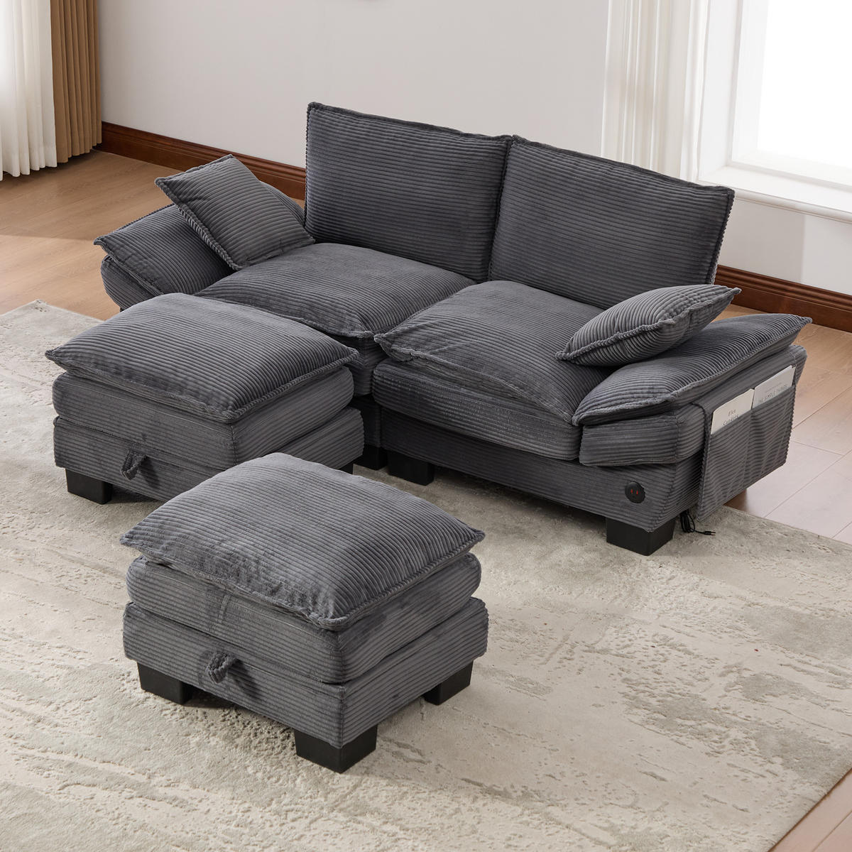 2-SITZER SOFA Cord Dunkelgrau mit 2 Hocker, USB-C und Seitentaschen - Dunkelgrau, Holzwerkstoff/Kunststoff (190/84/132cm) - WISHDOR