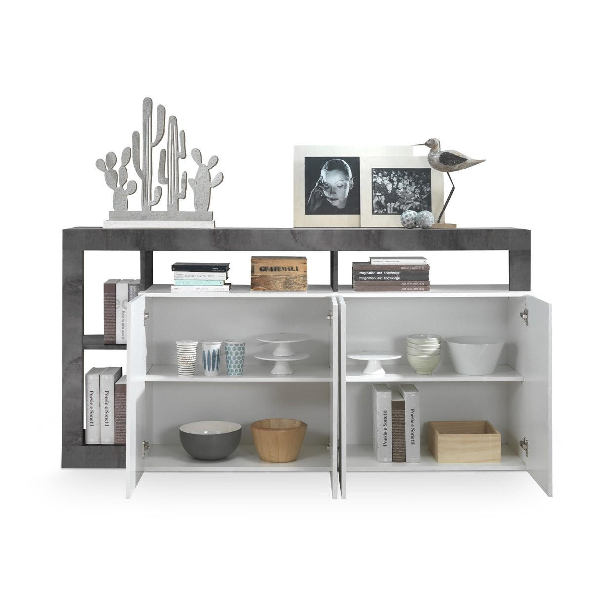 SIDEBOARD 4 Türen Frankfurt - L184 cm - Weiß/Grau, Holz/Holzwerkstoff (42/93/184cm) - Calicosy