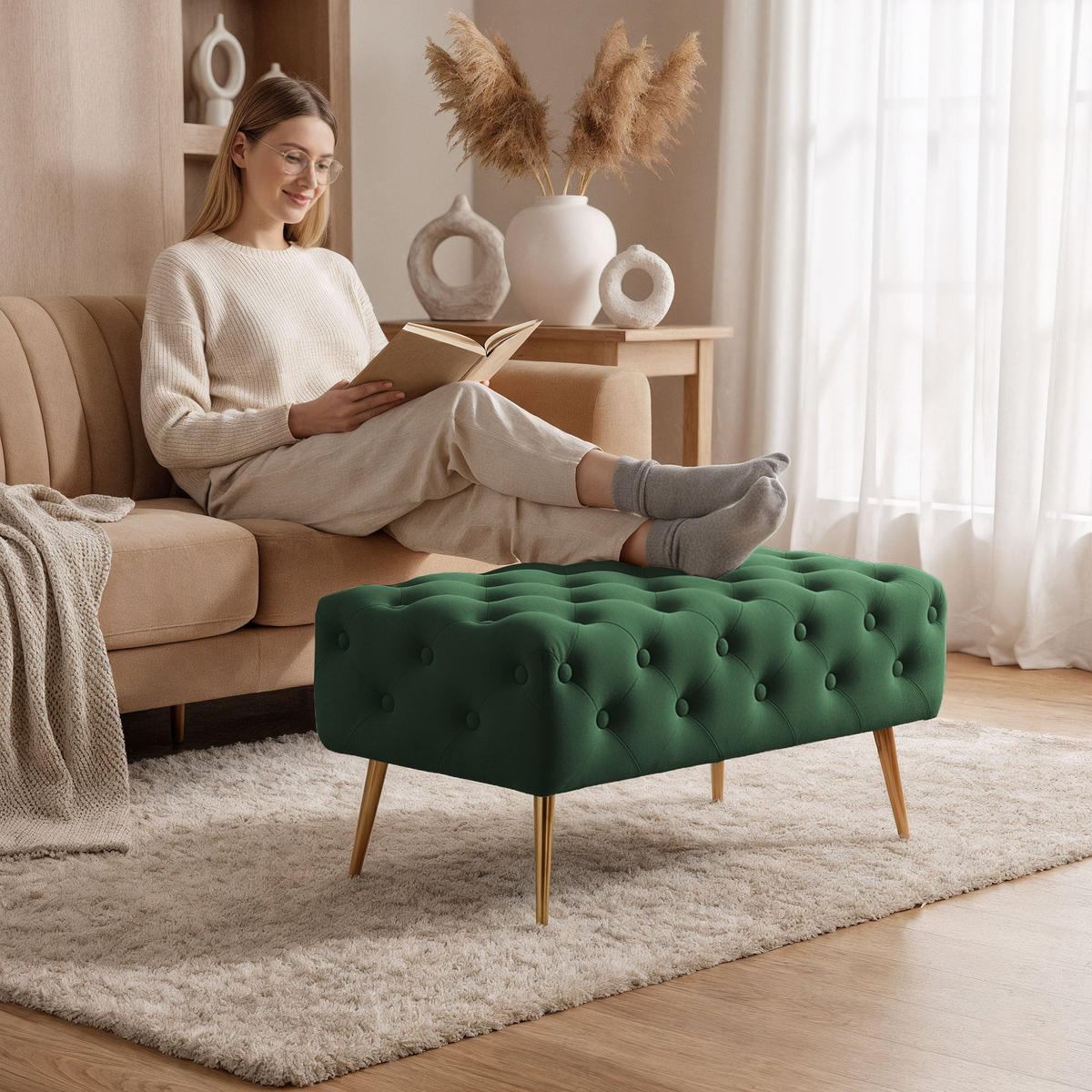 SITZHOCKER MADRID, Grün, T80xB37xH42 - Grün, Holz (37/42/80cm) - Milordbikes