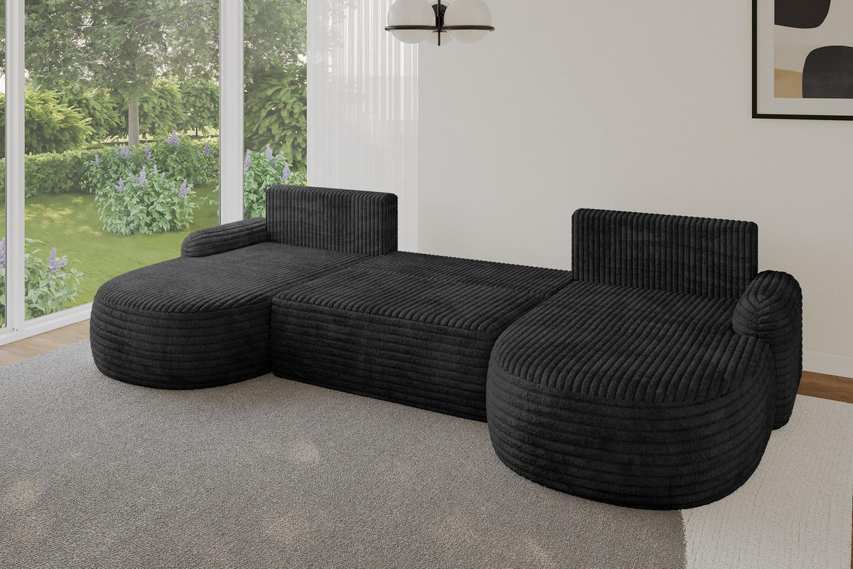 WOHNLANDSCHAFT mit Schlaffunktion und Bettkasten LIRA-U - 335x172x89 Schwarz - Schwarz, Holzwerkstoff/Textil (335/89/172cm) - ALTDECOR