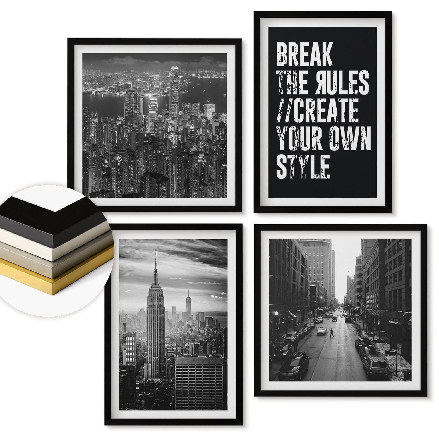 WANDBILDER 4er-Set - 50x50 cm & 40x60 cm Schwarzer Rahmen - Inspiration für Schwarz-Weiß-Darstellungen von Stadtstraßen - Schwarz, Kunststoff (50/50cm) - ArtPrintCave