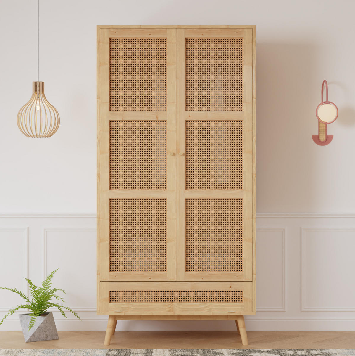 KLEIDERSCHRANK 90/45/183 cm mit 2 Drehtüren und Rattan-Optik in Natur - Naturfarben, Holz (90/183/45cm) - BEAOK
