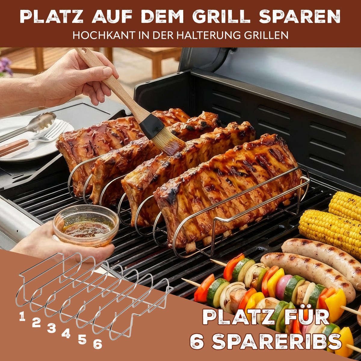 SPARE-RIBS-HALTER, aus Edelstahl mit Tragegriffen - Edelstahlfarben, Metall (37/7/29cm) - eluno