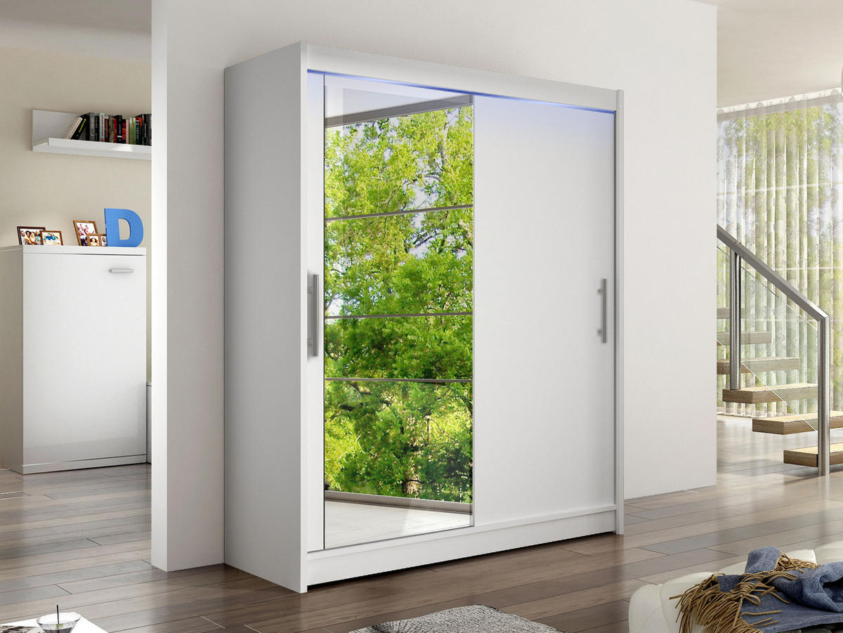 SCHWEBETÜRENSCHRANK Westa VI, mit RGB LED Beleuchtung - Silberfarben/Weiß, Holzwerkstoff/Metall (150/200/58cm) - MIRJAN24