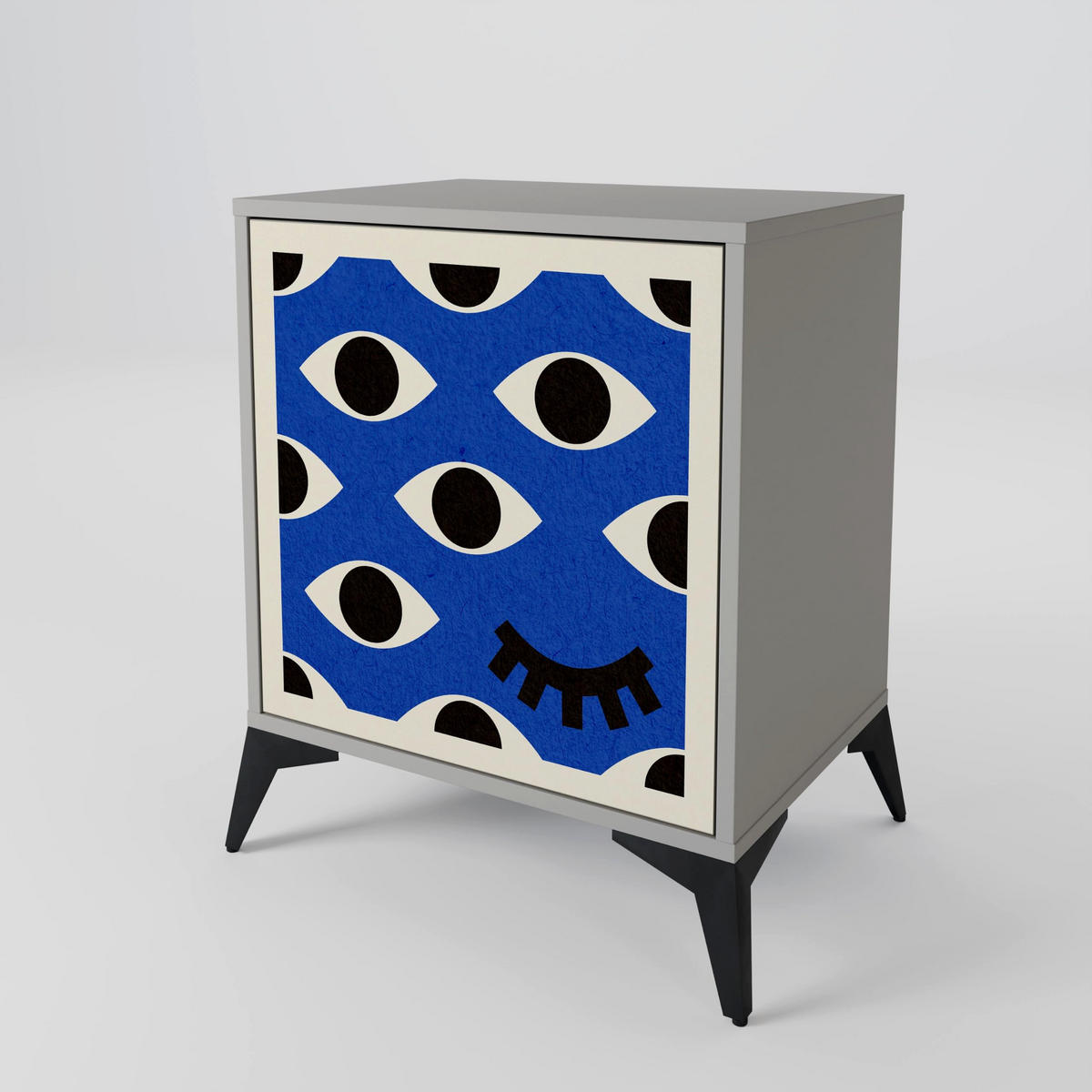 SIDEBOARD GEOMETRIC EYES, Grau, 57,5x42x72,5 cm, Schwarze Metallfüße - Multicolor/Schwarz, Holzwerkstoff/Metall (57.5/72.5/42cm) - SpaceRebels