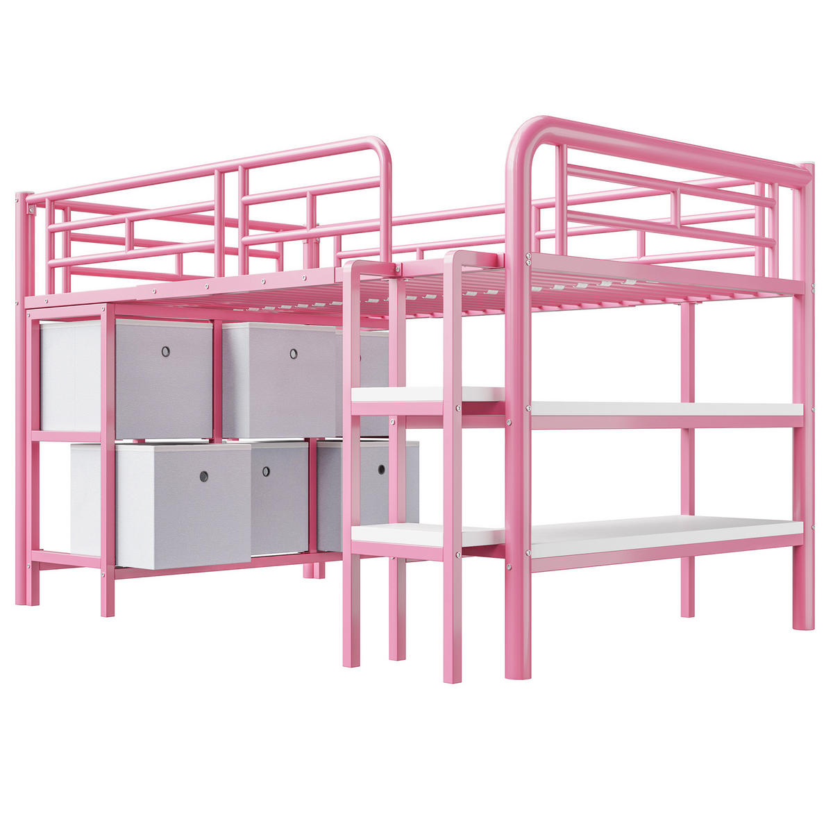HOCHBETT 90/200 cm aus Metall mit breiter Treppe, Schubladen und Regalen, Rosa/Weiß - Rosa, Metall (90/200cm) - Redom