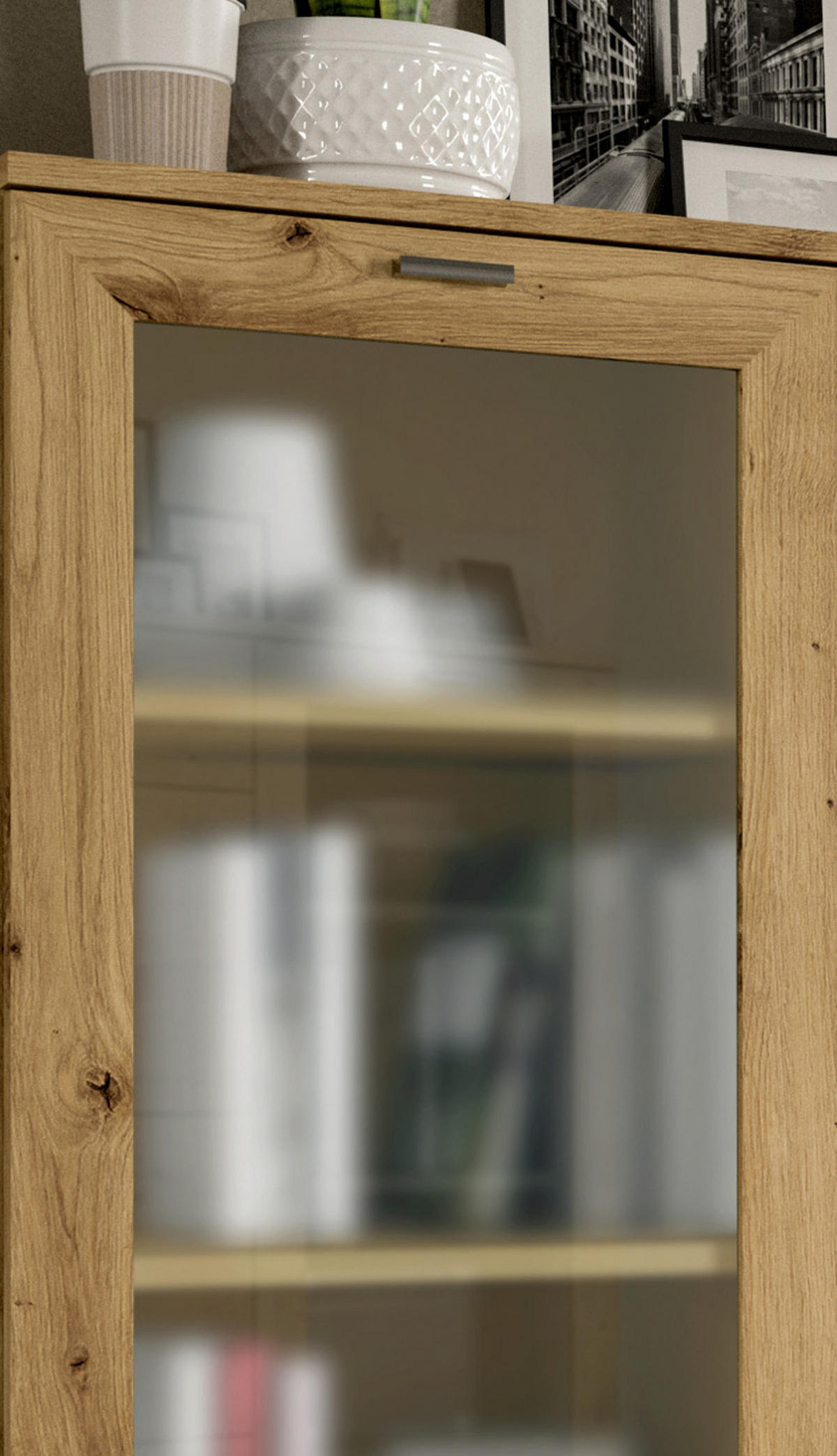 HIGHBOARD Eiche Artisan 90x115 cm, Vitrine mit Soft-Close - Silberfarben/Eiche Artisan, Glas/Holzwerkstoff (90/115/37cm) - Inn.Furn