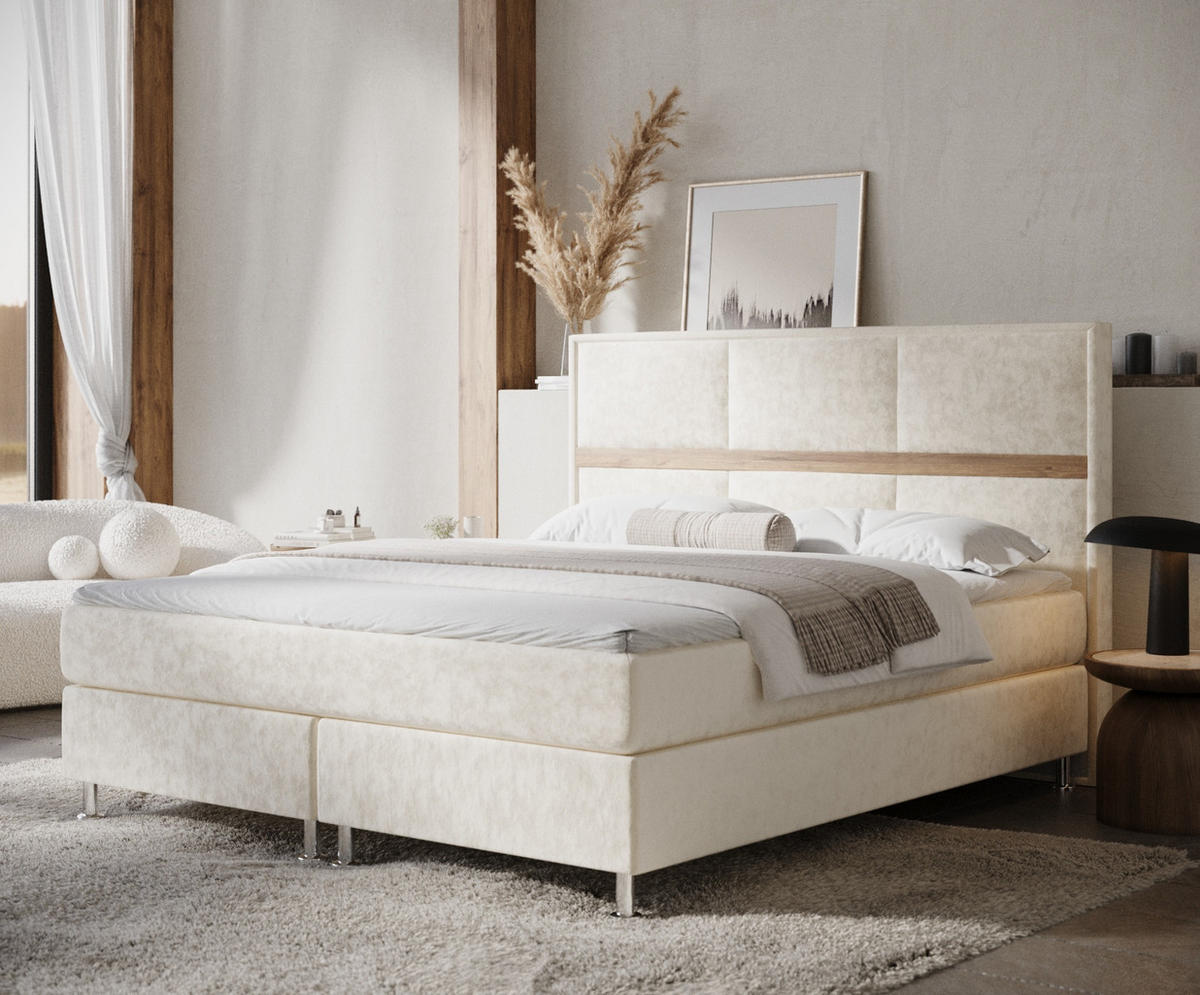BOXSPRINGBETT Soto Creme 180/200 cm mit Latex-Topper - Silberfarben/Creme, Holz/Holzwerkstoff (180/200cm) - Maison de Reve