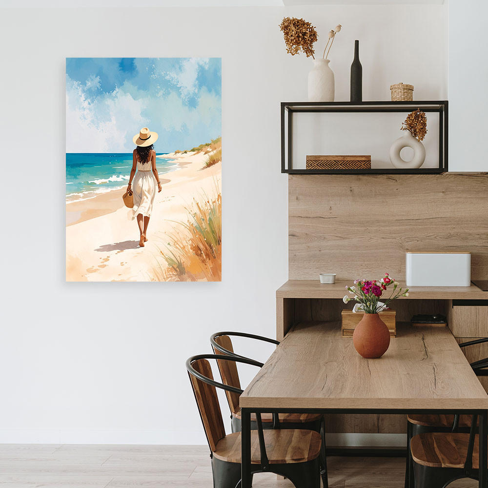 LEINWANDBILD Frau beim Entspannen am Strand 70x100cm - Beige, Textil (70/100cm) - Feeby