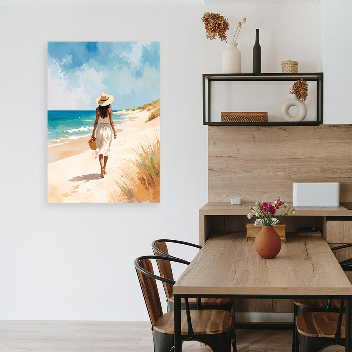 LEINWANDBILD Frau beim Entspannen am Strand 70x100cm - Beige, Textil (70/100cm) - Feeby