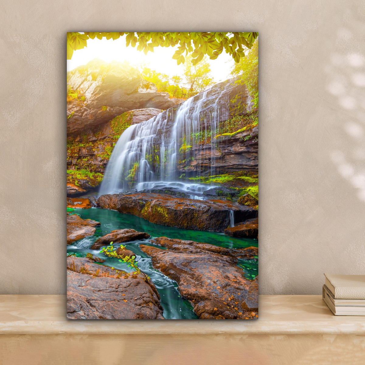 LEINWANDBILD Natur - Wasserfall - Pflanzen - Bäume - Sonne 20x30 cm - Olivgrün, Textil (20/30cm) - MuchoWow