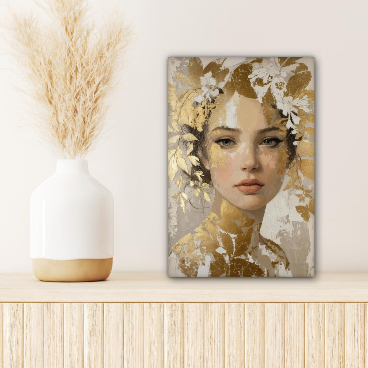 LEINWANDBILD Gesicht - Frau - Blätter - Gold Deko Wohnzimmer 20x30 cm - Beige, Textil (20/30cm) - MuchoWow