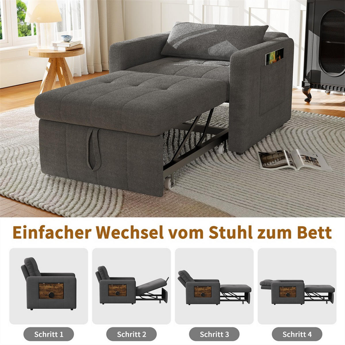 SCHLAFSESSEL mit klappbarem Ablagetisch und Seitentasche - Grau - Grau, Textil (85/86/108cm) - DELFA