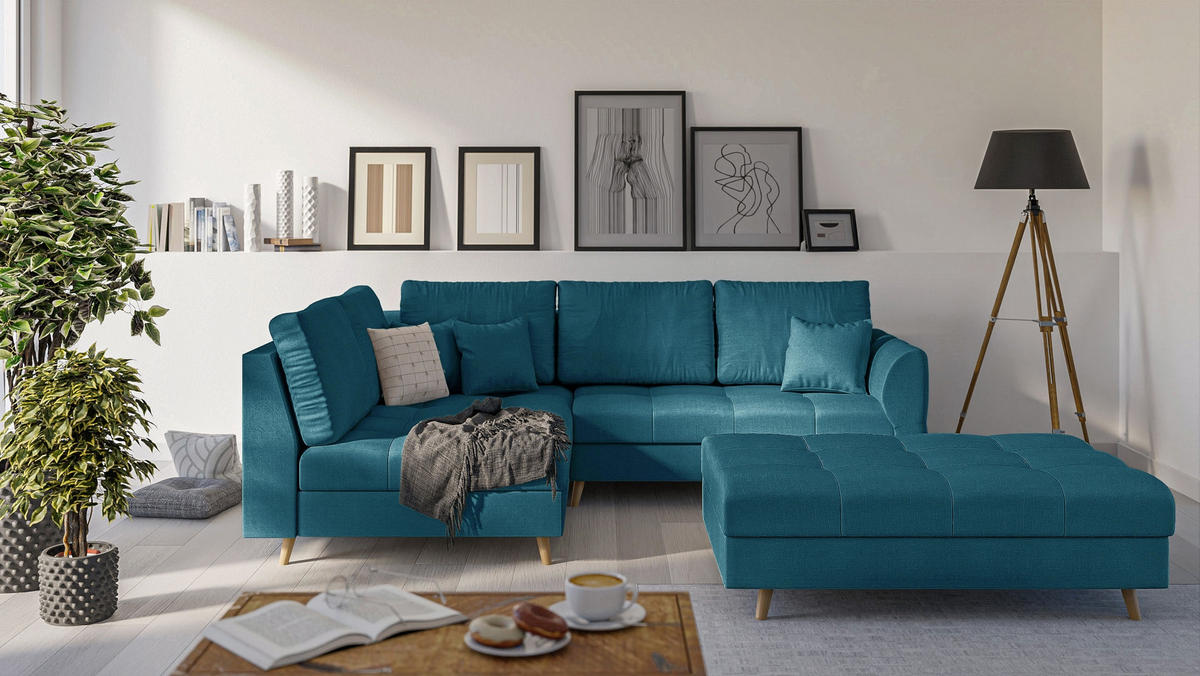 ECKSOFA MIT HOCKER Lorine Mikrofaser Blau - Blau/Hellbraun, Buchenholz/Textil (231/161cm) - S-Style Möbel
