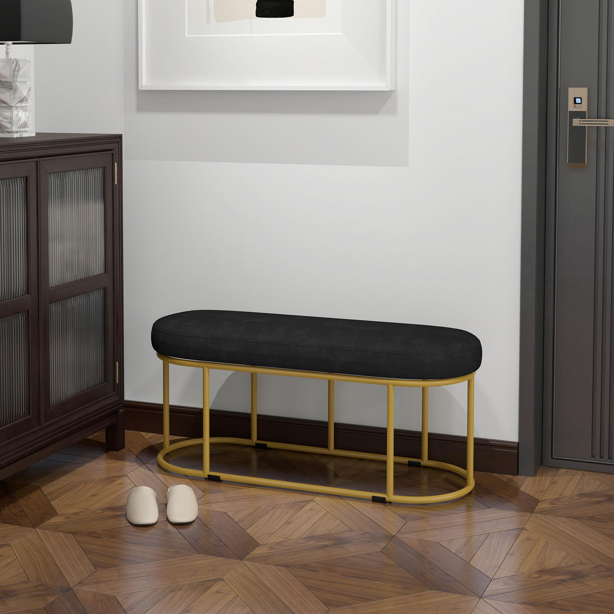 SITZBANK, Bettbank, Polsterbank mit Samtoptik, Schminkbank für Schlafzimmer - Schwarz, Kunststoff (37/43/100cm) - HOMCOM