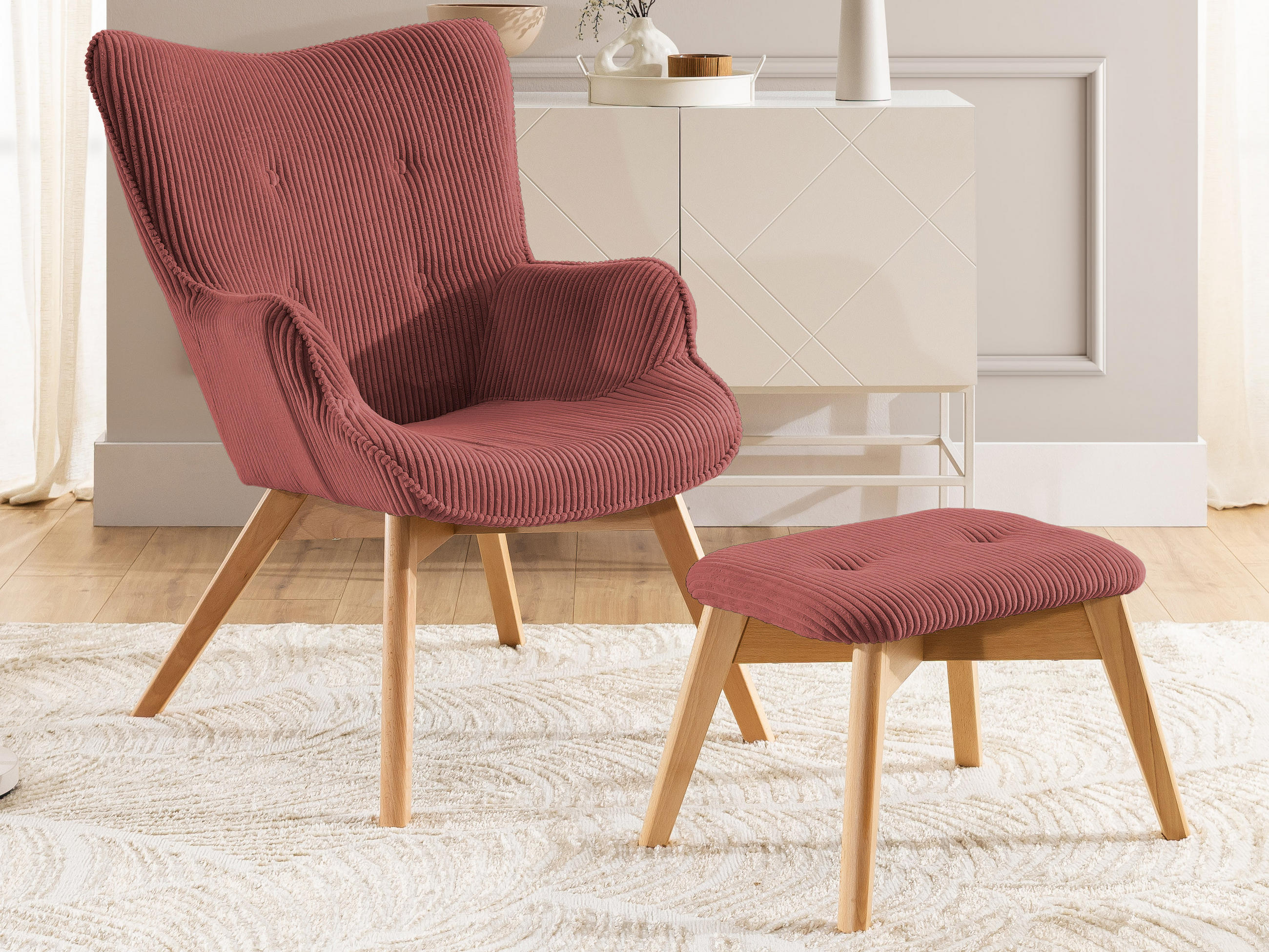 LOUNGESESSEL mit Fußhocker Lenari Terrakotta Cordstoff mit Füßen in Natur - Terra cotta/Naturfarben, Holz/Textil (71/96/86cm) - S-Style Möbel