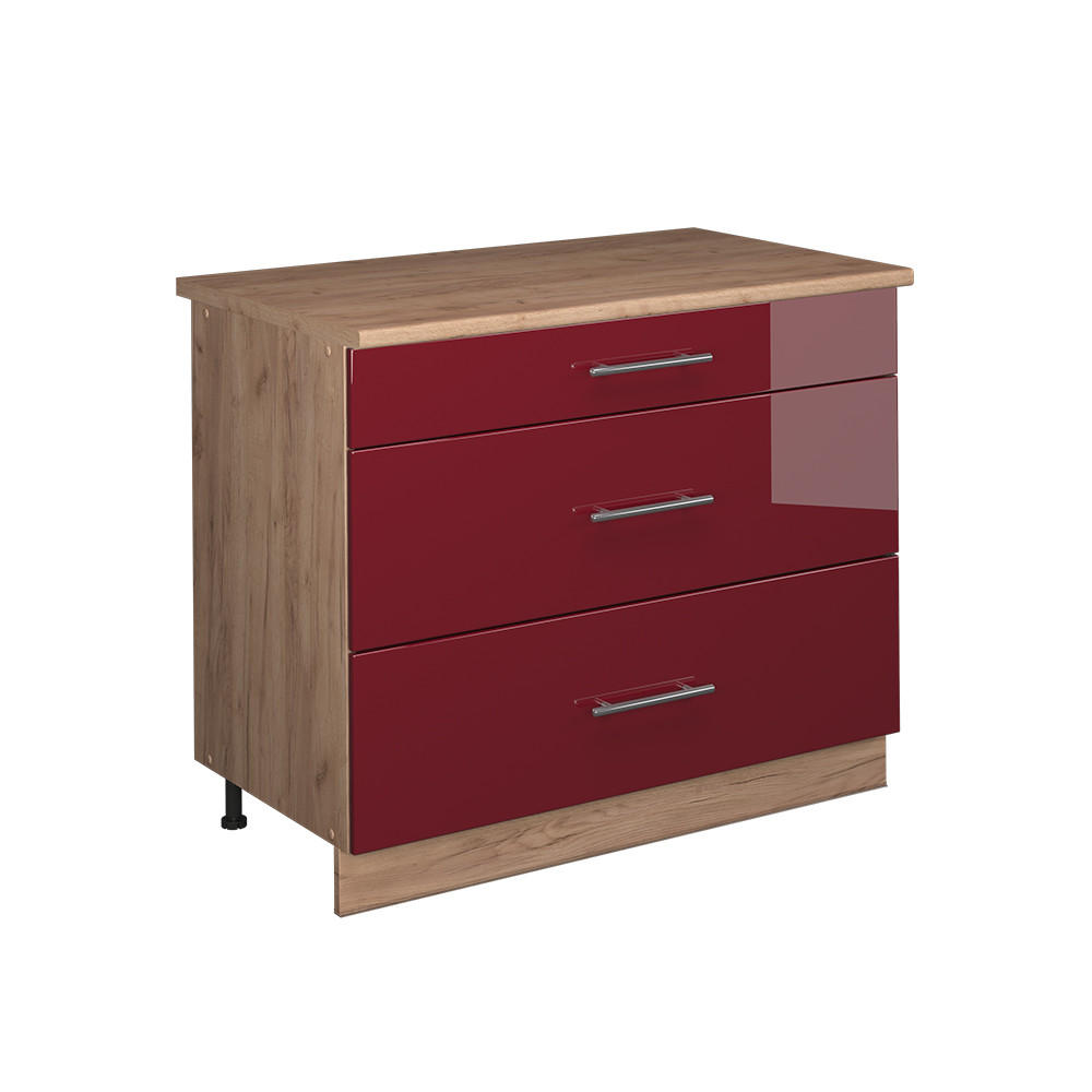 KÖKSUNDERSKÅP Fame-Line, Bordeaux högblank/Goldkraft ek, 100 cm, AP Oak Bordeaux, Honungsek 82/100/60 cm