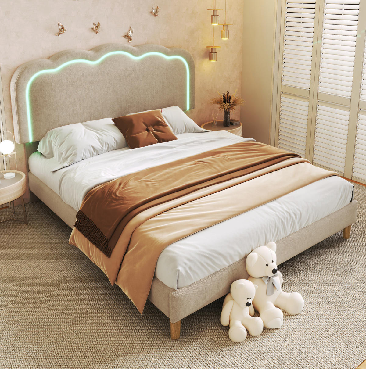 POLSTERBETT aus Leinen 140x200 cm in Beige mit LED-Kopfteil - Beige, Textil (140/200cm) - Modfu