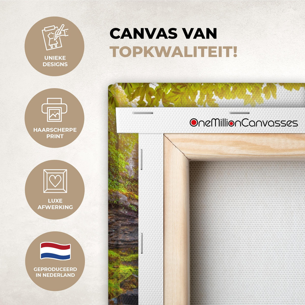 LEINWANDBILD Natur - Wasserfall - Pflanzen - Bäume - Sonne Wandbild 40x30 cm - Olivgrün, Textil (40/30cm) - MuchoWow