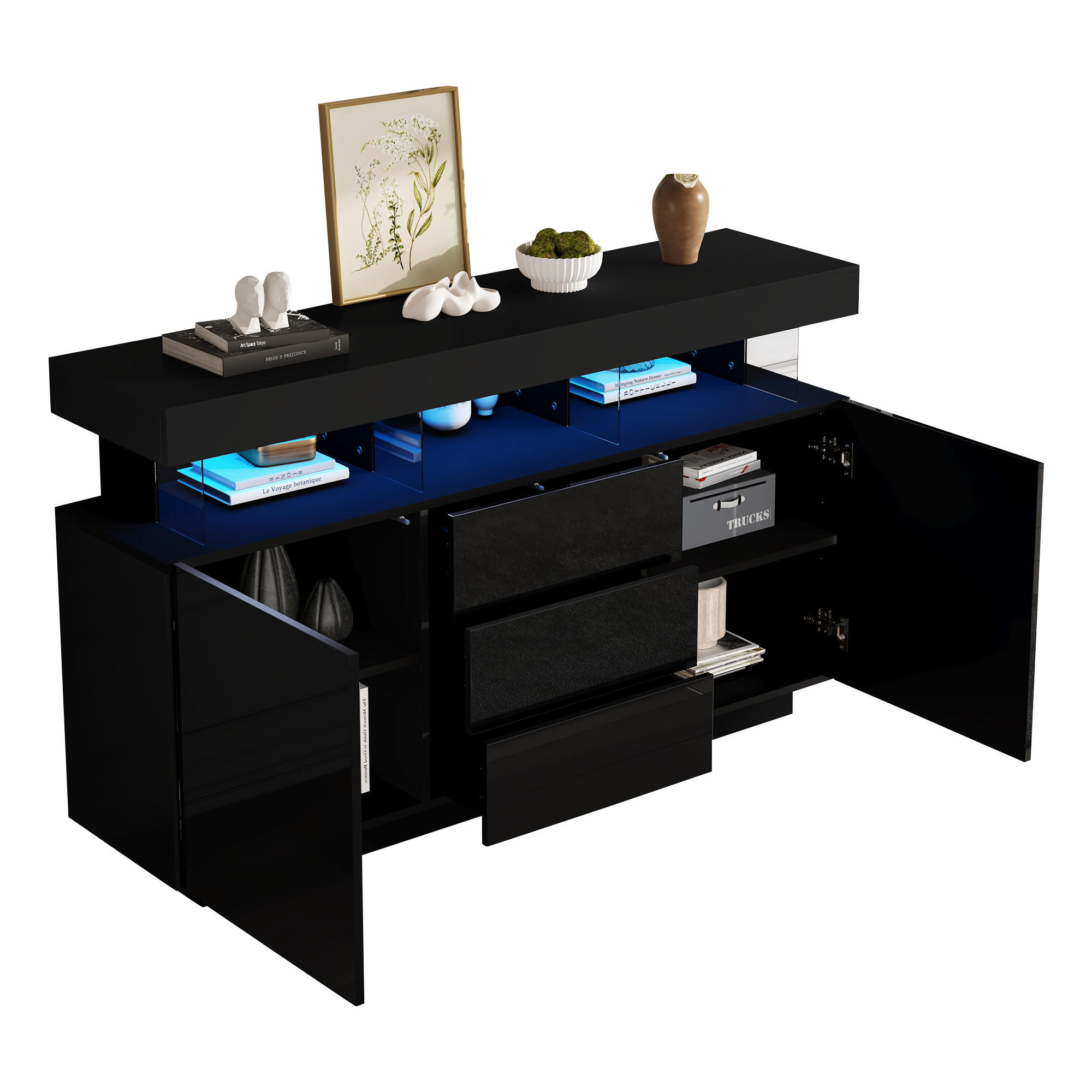 SIDEBOARD LED Schwarz Hochglanz Acryl 140x35x80cm Kaffeebar - Schwarz, Holzwerkstoff (35/80/140cm) - FLIEKS