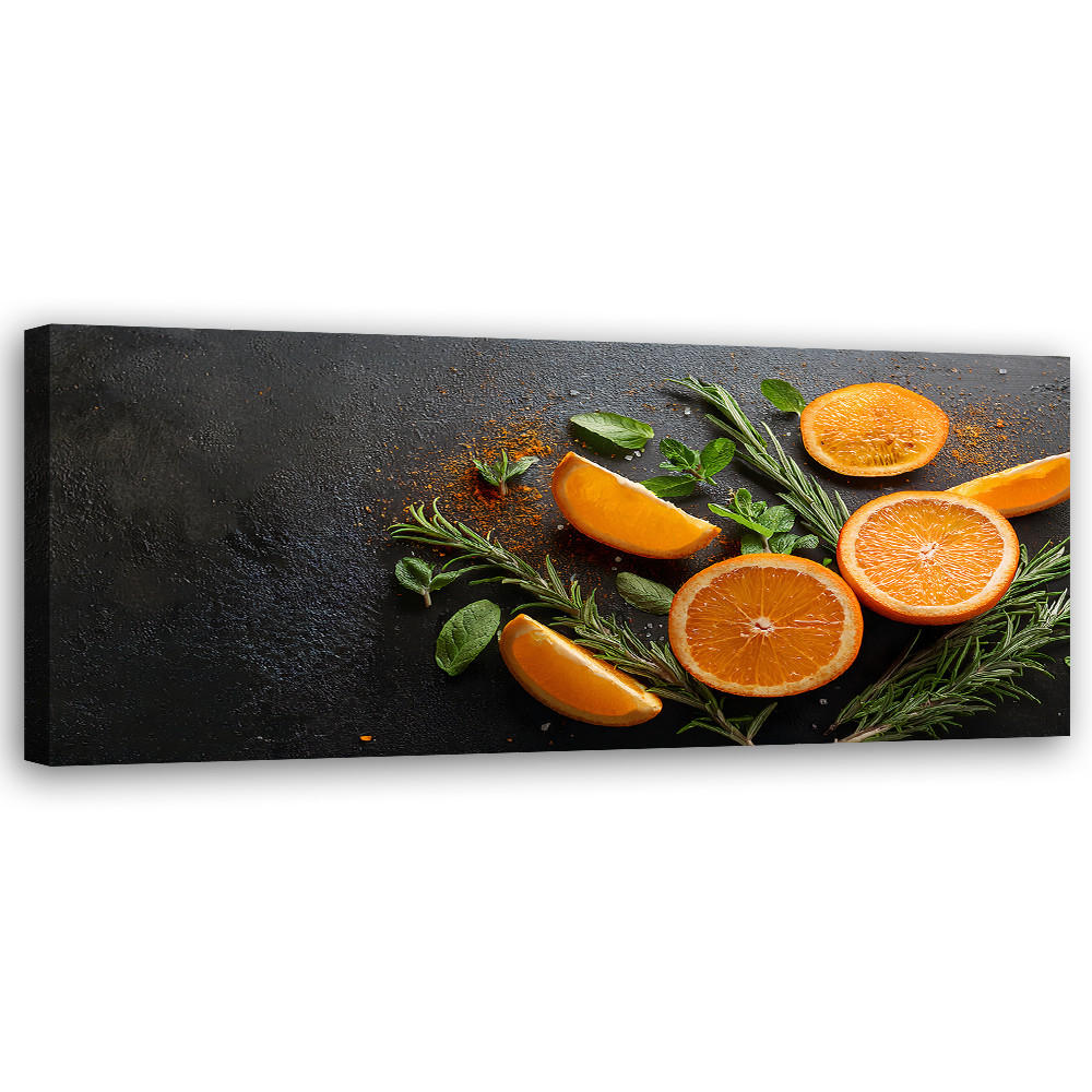 WANDBILD orangen früchte gewürze lebensmittel für die küche - Orange, Textil (90/30cm) - Feeby
