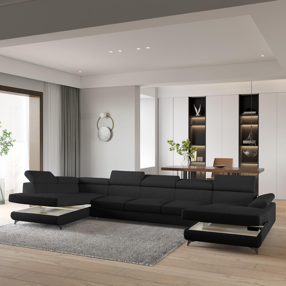 WOHNLANDSCHAFT MONTIVA Schwarz Boucle-Stoff mit Schlaffunktion - Schwarz, Holz (410/89/190cm) - MASSENO