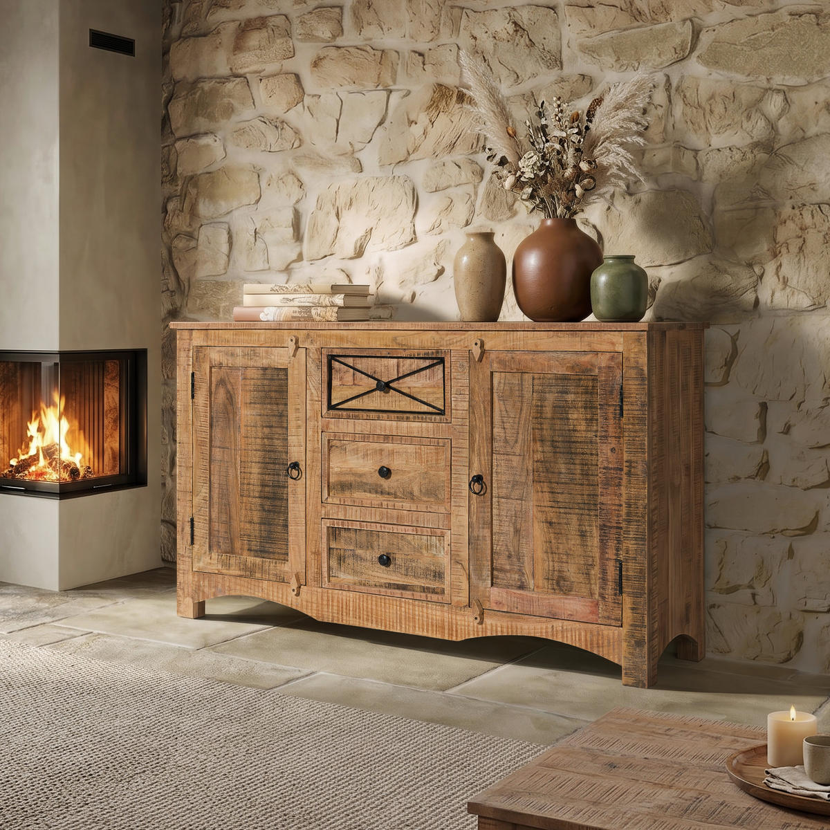 SIDEBOARD Akazie 150x38x85 natur versiegelt NATURE OF SPIRIT #205 - Naturfarben, Holz (150/85/38cm) - Massivmoebel24