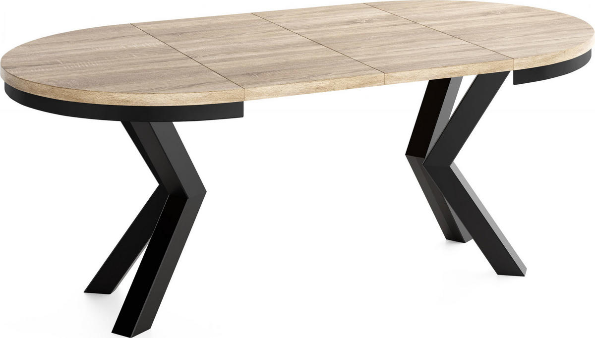 ESSTISCH Clara runder ausziehbarer, Eiche Sonoma Hellbraun 120-200/120/76 cm - Schwarz/Braun, Holzwerkstoff/Metall (120/200/76cm) - WFL GROUP