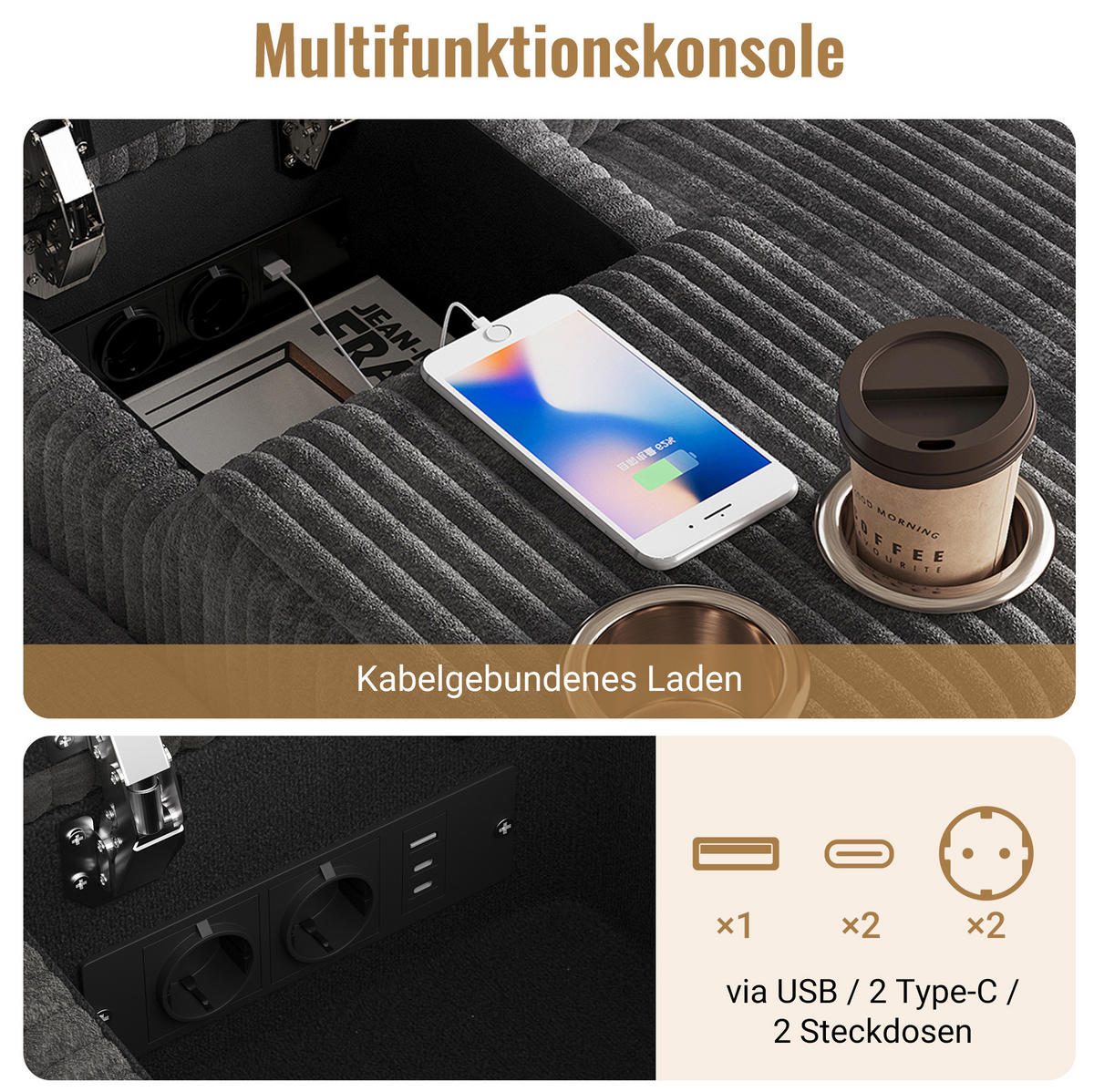 U-OBLIKOVANA zofa 315/135/81 cm z USB-priključkom, 2 priključkoma Type-C, 2 vtičnicama in taburejema, Siva - siva, tekstil (135/81/315cm) - Redom