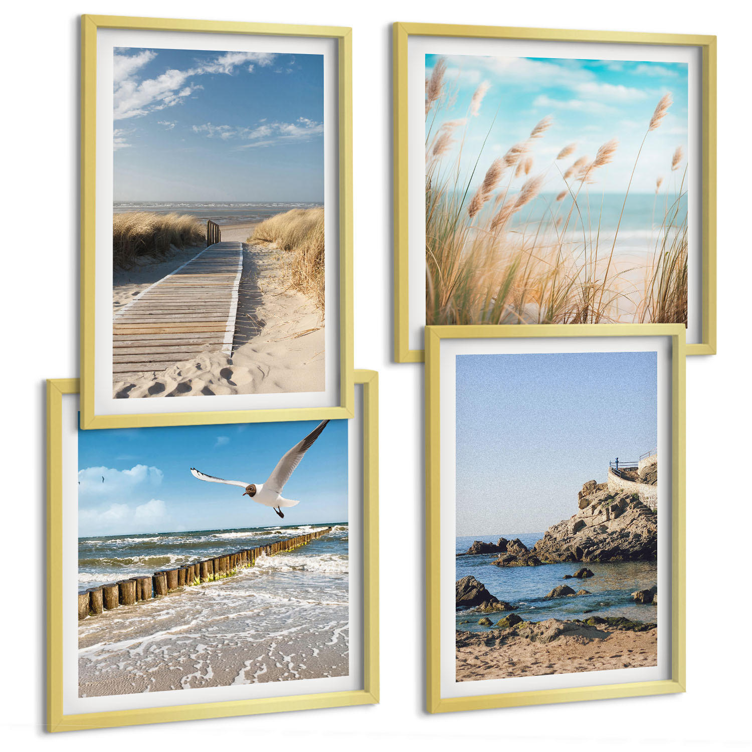 BILDER SET 4er Set - 50x50 cm & 40x60 cm Goldrahmen - Strand Holzsteg Klippen - Goldfarben, Kunststoff (50/50cm) - TULUP