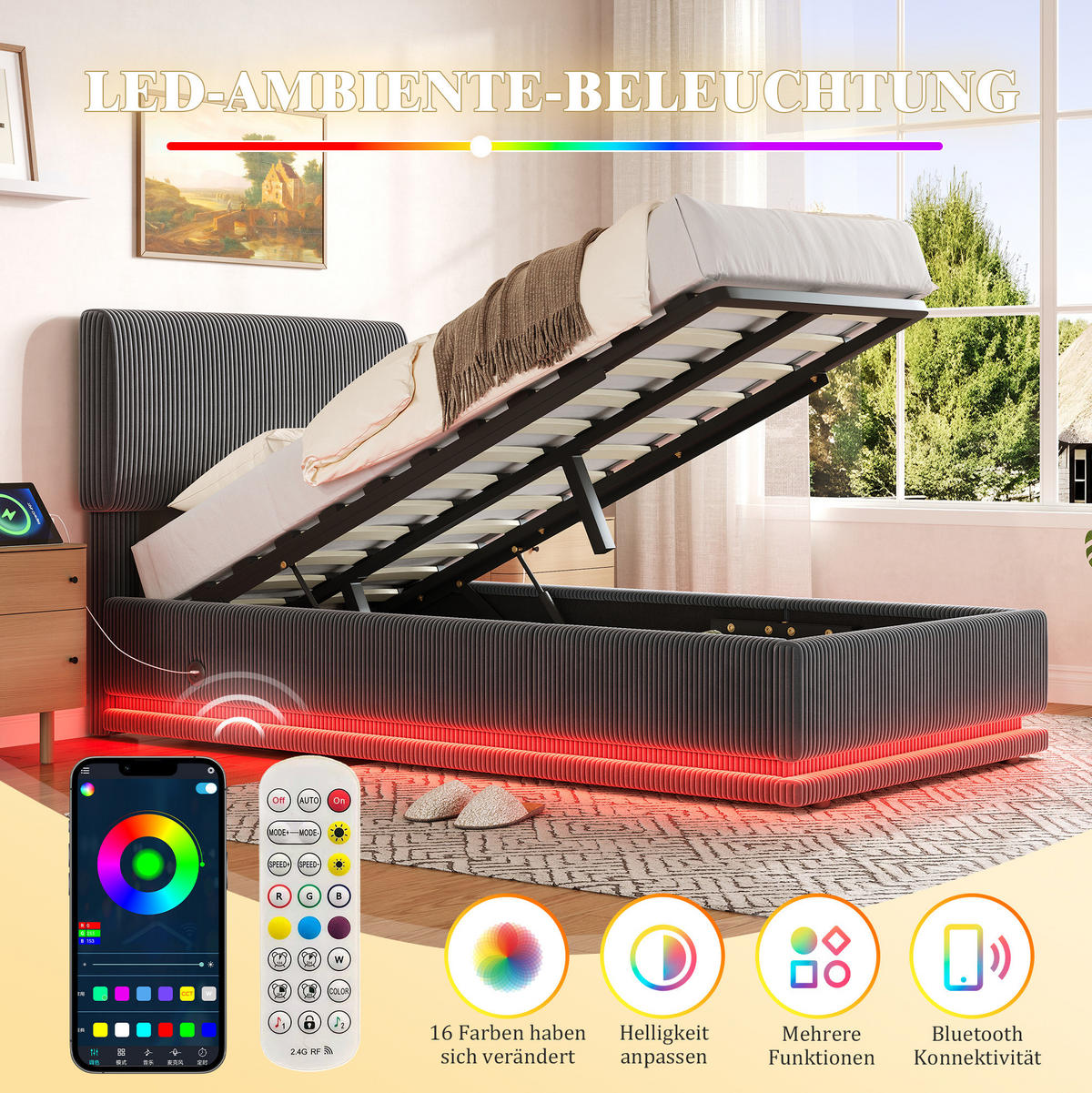 POLSTERBETT 90/200 cm mit LED-Beleuchtung, USB-C-Anschluss und Bettkasten, Dunkelgrau - Dunkelgrau, Textil (90/200cm) - Redom